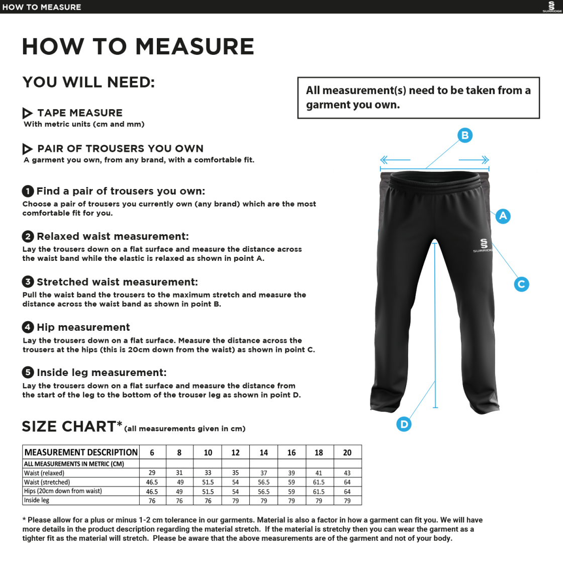 Reading CC - Women's Ripstop Track Pant - Size Guide