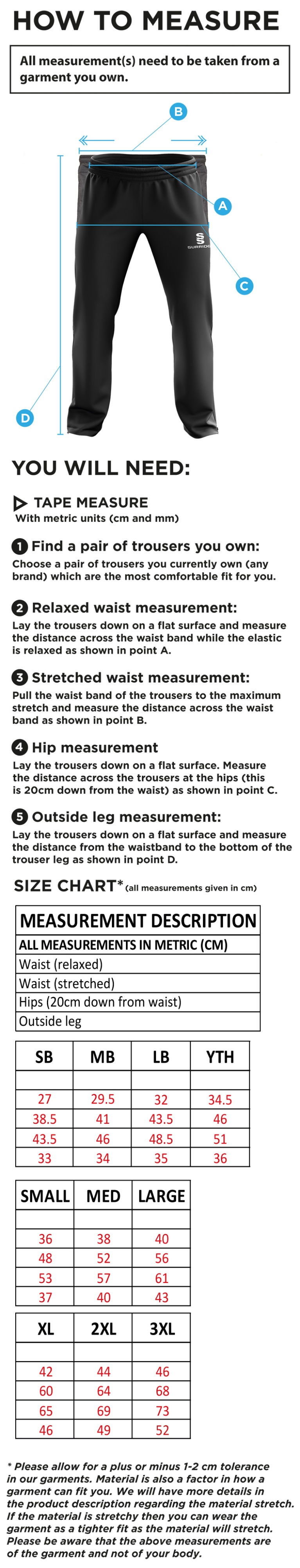 Reading CC - Ripstop Track Pant - Size Guide