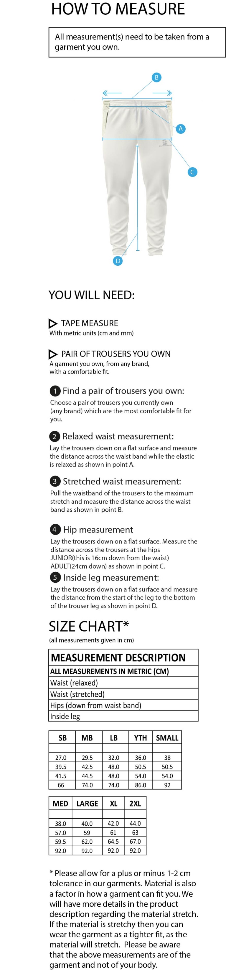 Reading CC - Blade Playing Pants - Size Guide