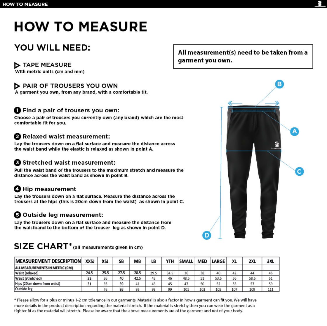 Reading CC - Tek Slim Pant - Size Guide