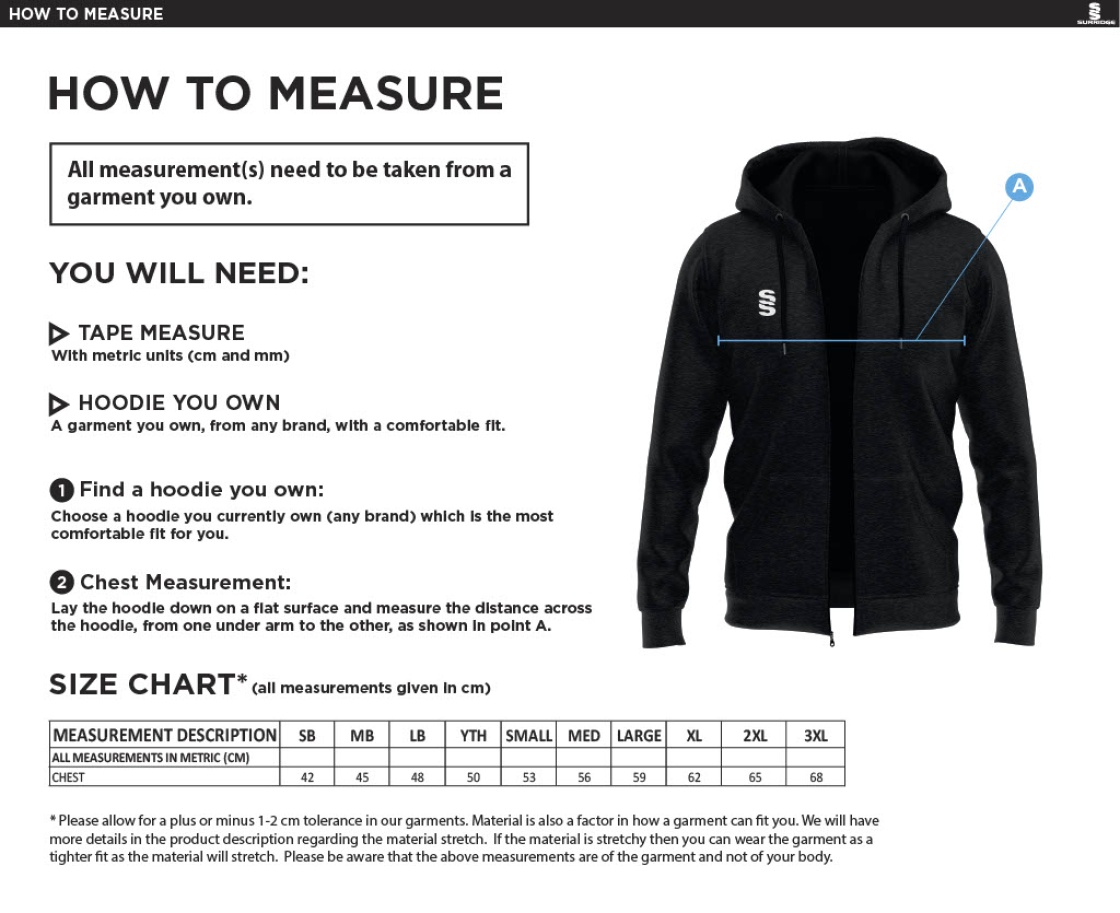 Reading CC - Dual Full Zip Hoody - Size Guide