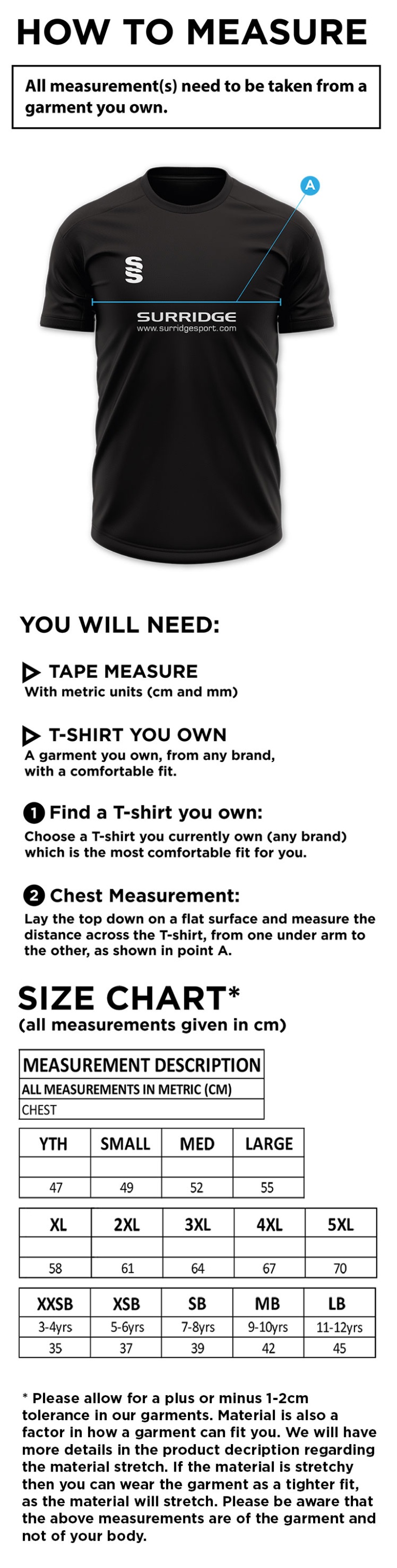 Reading CC - Dual Solid Colour Polo - Size Guide