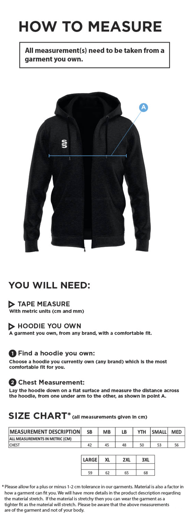 Reading CC - Dual Full Zip Hoody - Size Guide