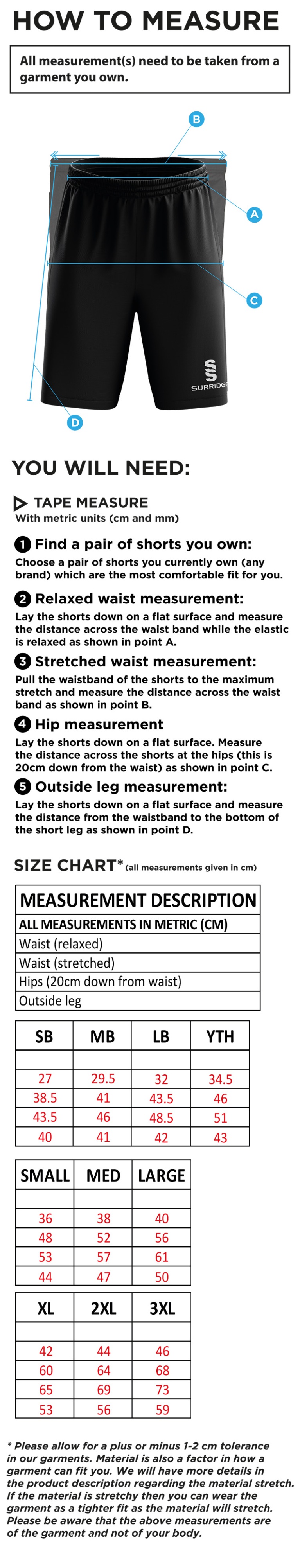 Reading CC - Ripstop Short - Size Guide