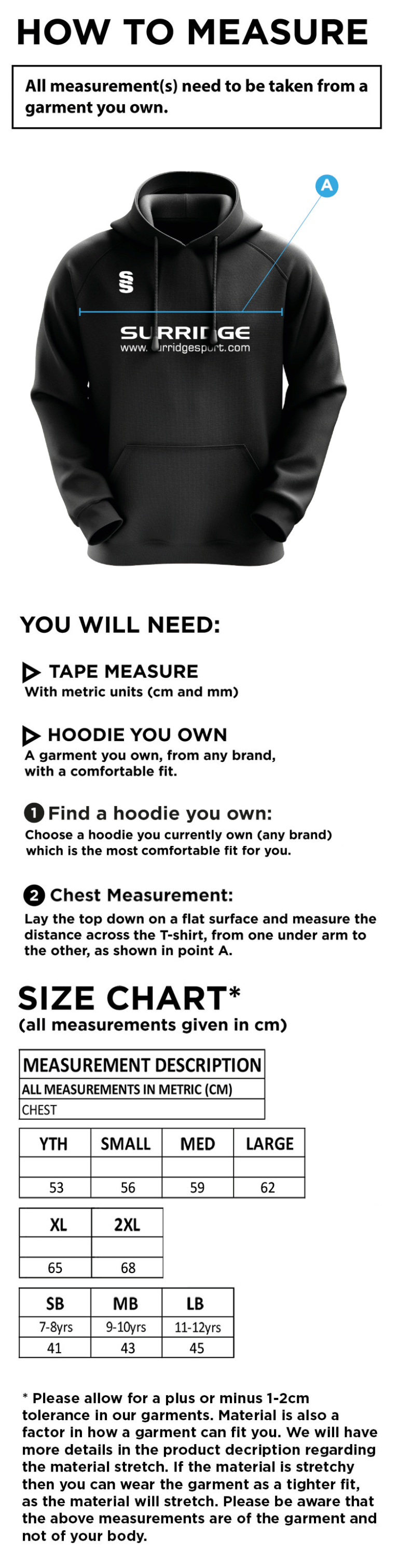 Reading CC - Blade Hoody - Size Guide