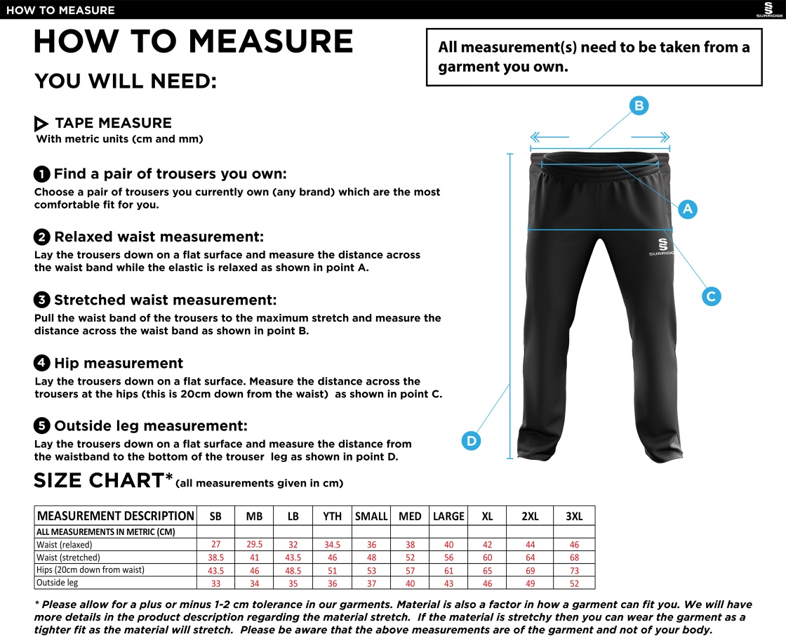 Reading CC - Ripstop Track Pant - Size Guide