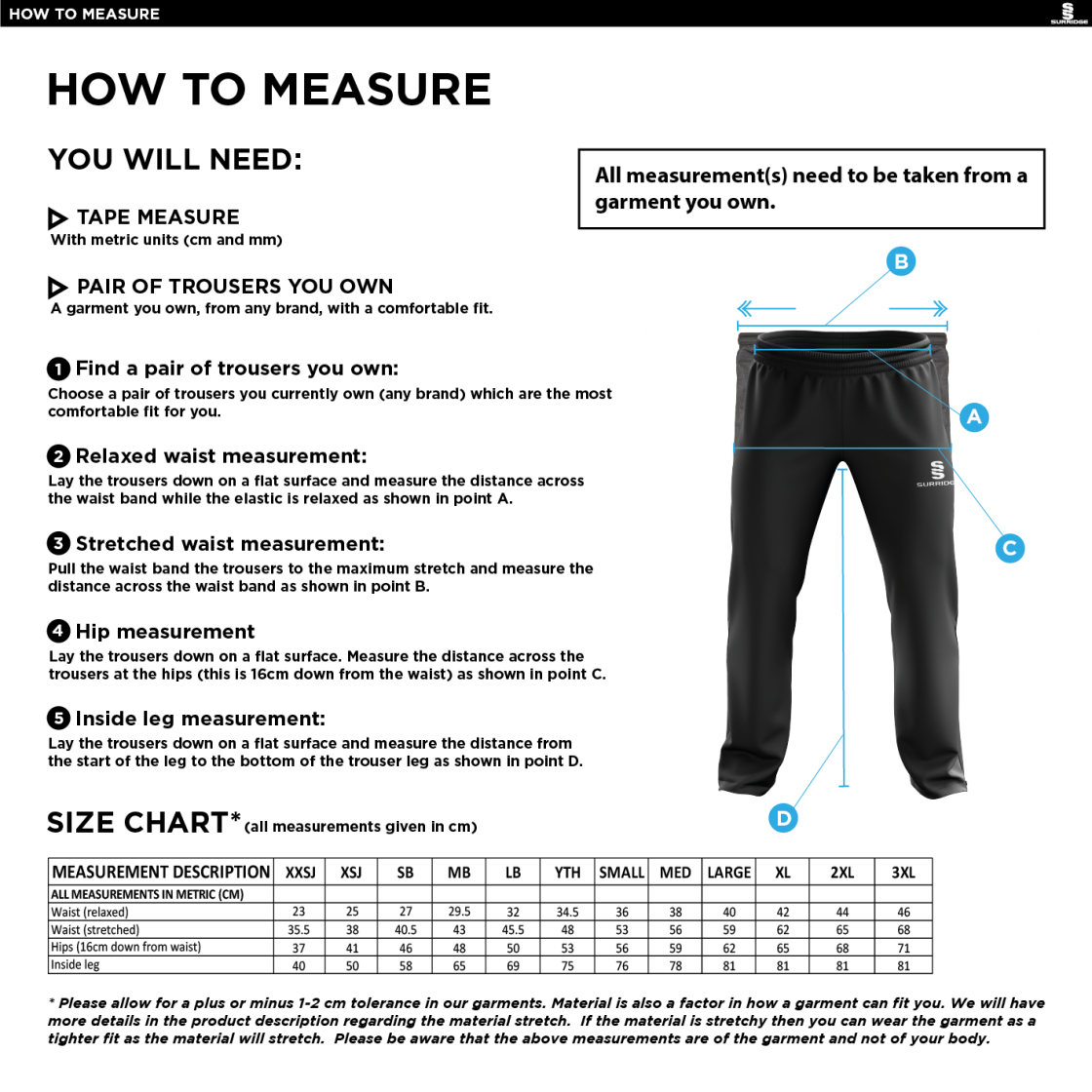 Reading CC - Poplin Track Pant - Size Guide