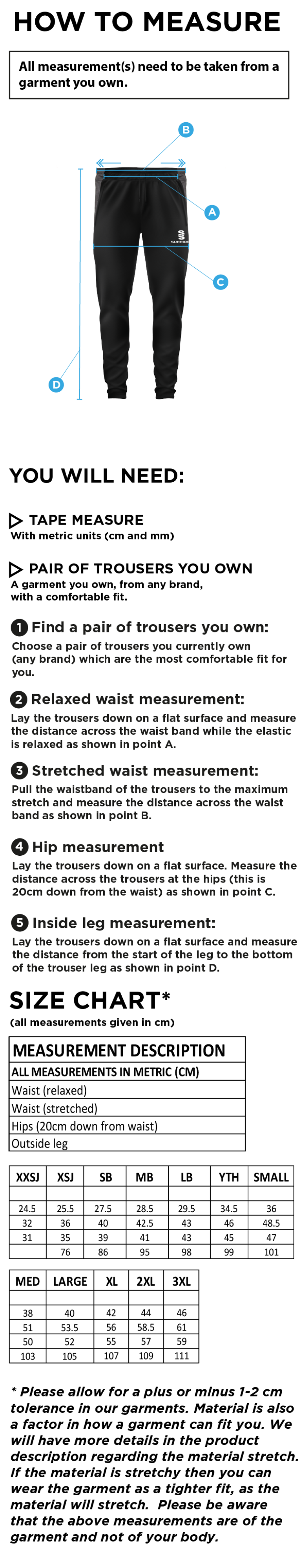 Reading CC - Tek Slim Pant - Size Guide