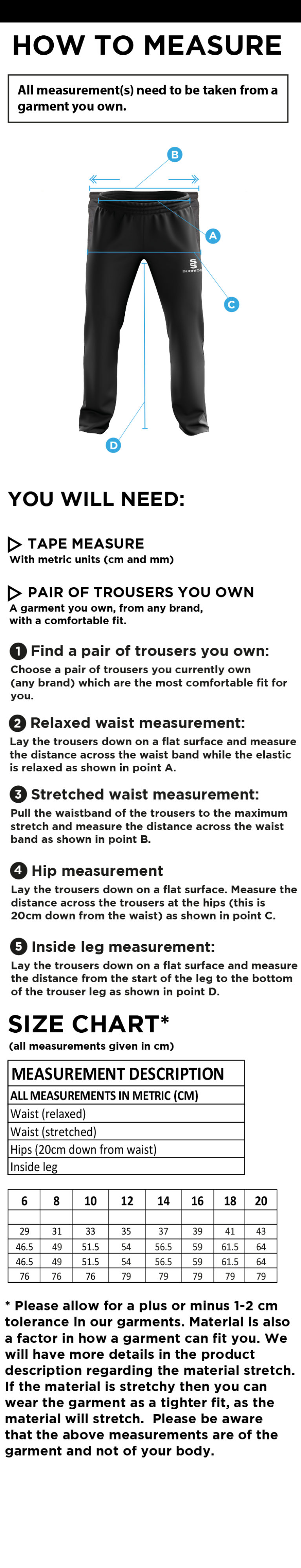 Reading CC - Women's Poplin Track Pant - Size Guide