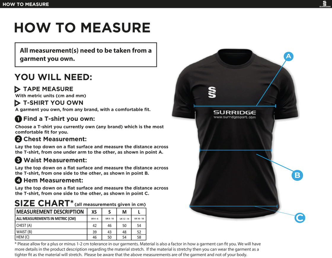 Reading CC - Women's Dual Solid Colour Polo - Size Guide
