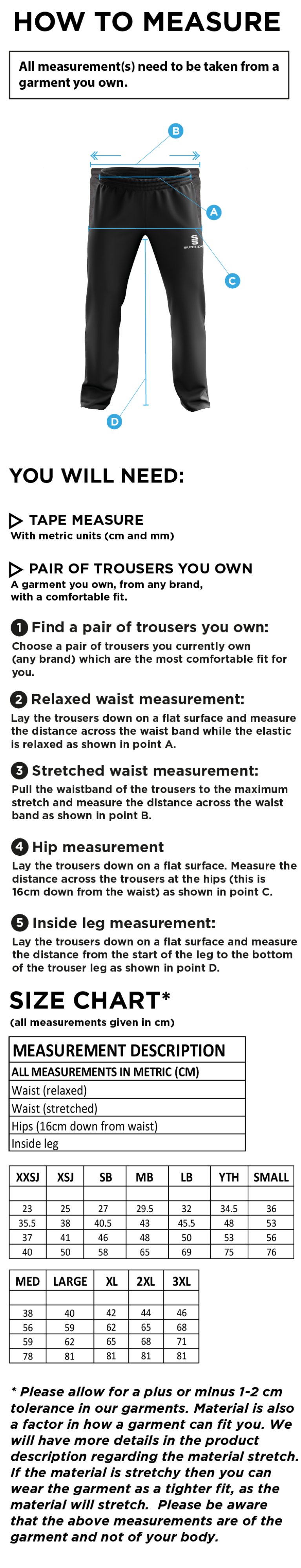 Reading CC - Poplin Track Pant - Size Guide